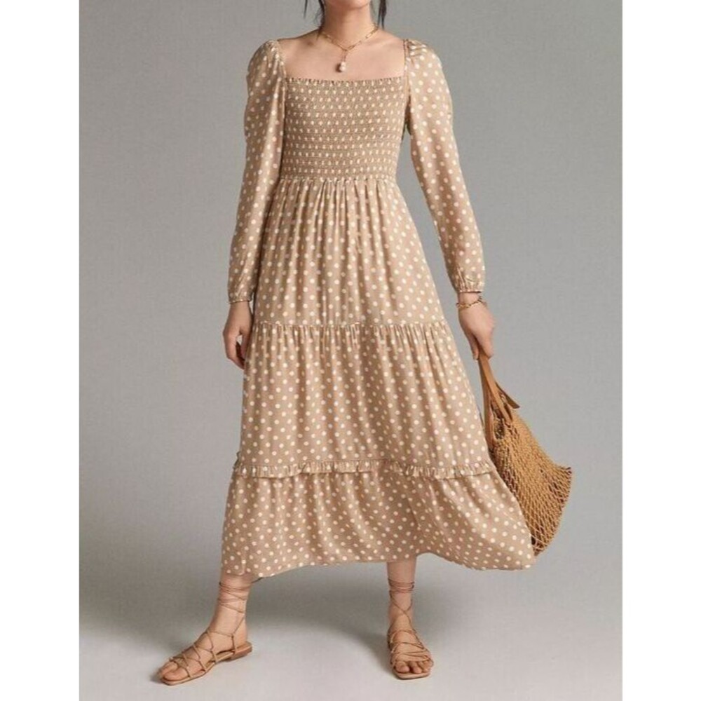 Anthropologie Dolan Left Coast Womens Smocked Midi Polka Dot Dress Small Beige